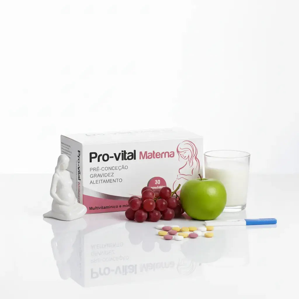 Pro-vital Materna acompanhado de frutas saudáveis e leite, simbolizando a nutrição completa necessária desde a pré-conceção até à amamentação.