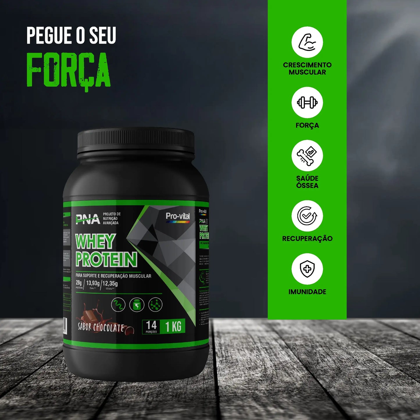 Benefícios do PNA Whey Protein: crescimento muscular, força, saúde óssea, recuperação e imunidade reforçada.