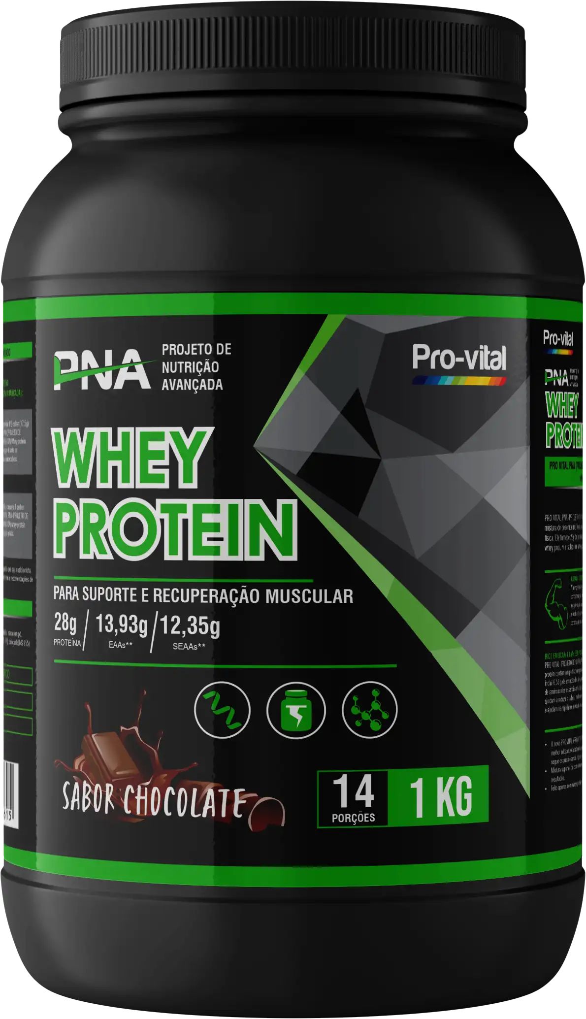 Pote de 1kg de Whey Protein Pro-vital sabor chocolate para suporte e recuperação muscular em Angola.