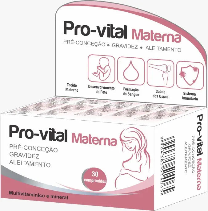 Caixa do suplemento Pro-vital Materna com ilustrações e texto sobre fundo branco.