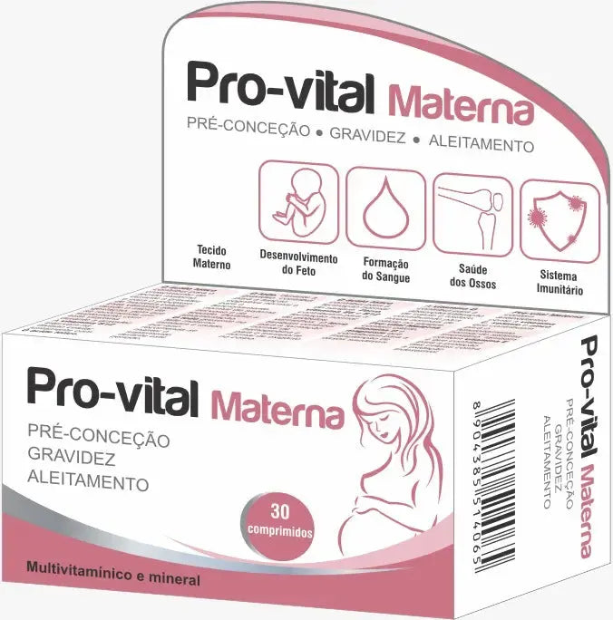 Vista detalhada da caixa Pro-vital Materna, suplemento alimentar multivitamínico e mineral essencial para a saúde da mãe e do bebé.