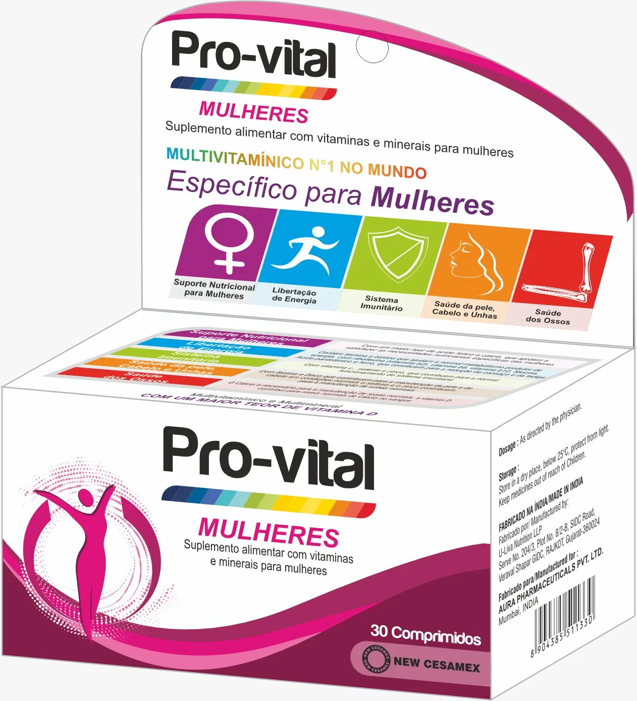 Embalagem detalhada do multivitamínico Pro-vital Mulheres, suplemento alimentar para suporte nutricional e energia em Angola.