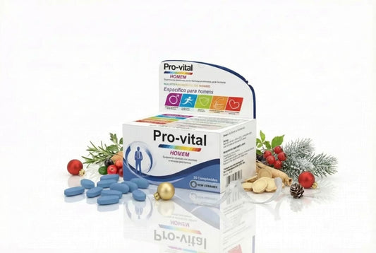Embalagem de suplemento alimentar Pro-vital Homem num cenário de Natal, rodeada por comprimidos azuis alongados, uma bola de Natal dourada, azevinho, paus de canela e ramos de pinheiro com neve.