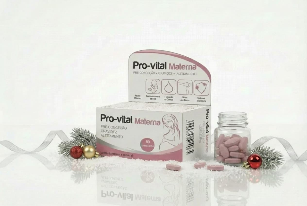 Embalagem de Pro-vital Materna com silhueta de grávida, exibida sobre neve artificial com um frasco de vidro cheio de comprimidos cor-de-rosa, decorada com fita prateada, ramos de pinheiro e bolas de Natal vermelhas e douradas.