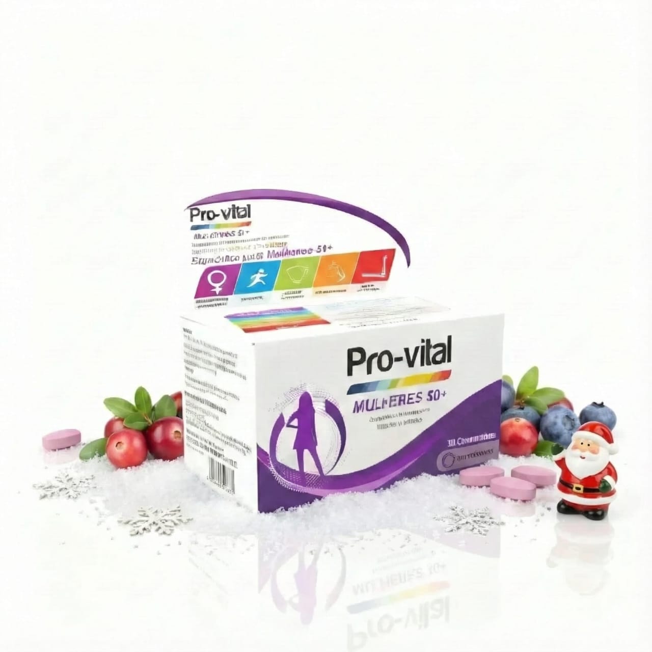 Embalagem de multivitamínico Pro-vital Mulheres 50+ num cenário de inverno com flocos de neve e um Pai Natal miniatura, rodeada por mirtilos, cranberries e comprimidos cor-de-rosa, reforçando a saúde e vitalidade sénior.