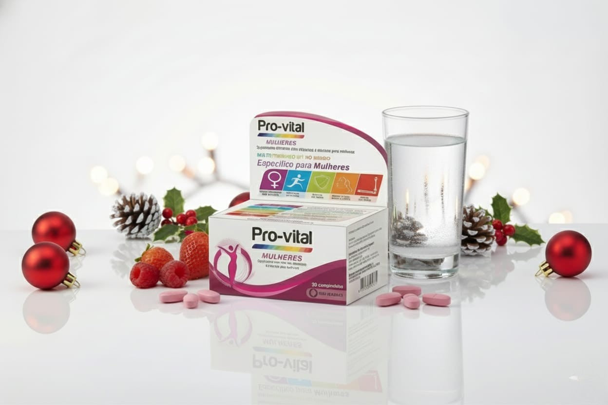 Embalagem de multivitamínico Pro-vital Mulheres num cenário de Natal, acompanhada por um copo de água, comprimidos cor-de-rosa, morangos e framboesas frescas, decorada com pinhas e bolas de Natal vermelhas.