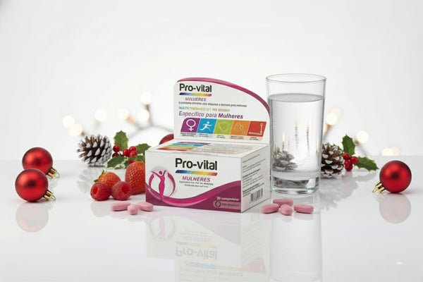 Embalagem de multivitamínico Pro-vital Mulheres num cenário de Natal, acompanhada por um copo de água, comprimidos cor-de-rosa, morangos e framboesas frescas, decorada com pinhas e bolas de Natal vermelhas.