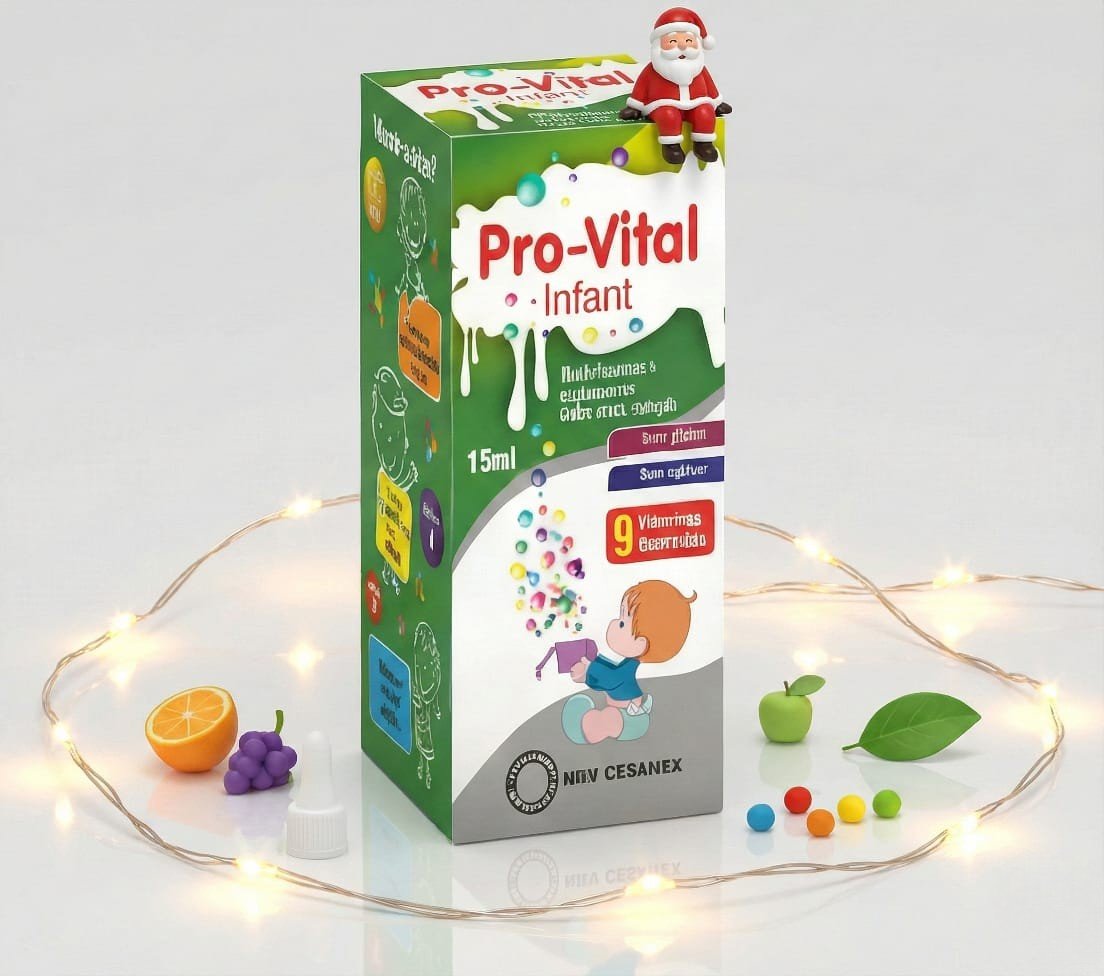 Infográfico visual ao lado da embalagem de Pro-vital Ómega-3 Infantil destacando ícones de desenvolvimento cerebral, foco e visão, num cenário festivo decorado com luzes de fada, pinhas com neve e laranjas.