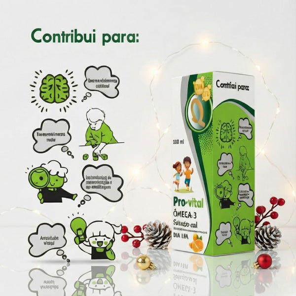 Embalagem verde de Xarope Pro-vital Ómega-3 Infantil com ilustrações de cérebro e crianças a brincar, sabor a laranja, apresentada num cenário de Natal com luzes cintilantes, pinhas e azevinho.