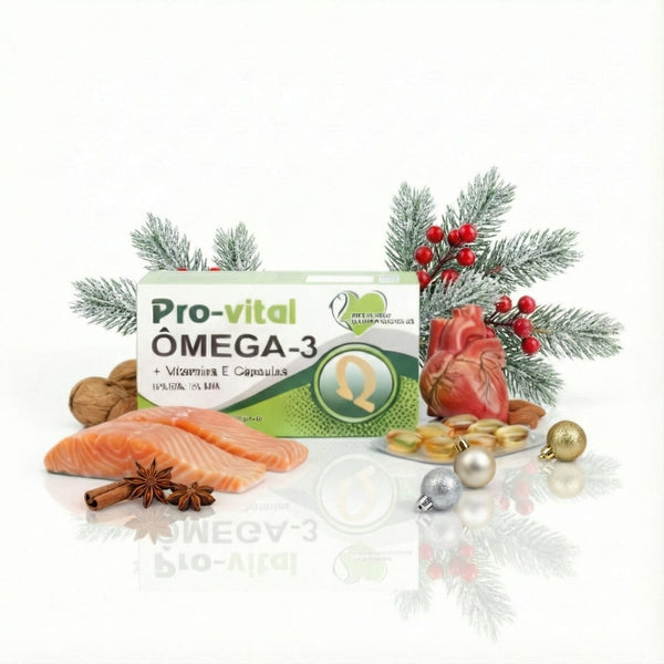 Embalagem de suplemento Pro-vital Ômega-3 com Vitamina E num cenário de Natal, rodeada por filetes de salmão fresco, nozes, um modelo anatómico de coração, cápsulas moles douradas, paus de canela, anis-estrelado e decorações de azevinho com bolas prateadas e douradas.