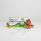 Embalagem do suplemento Pro-vital Omega-3 com desenho de peixe, cápsulas e um modelo de coração sobre fundo branco.