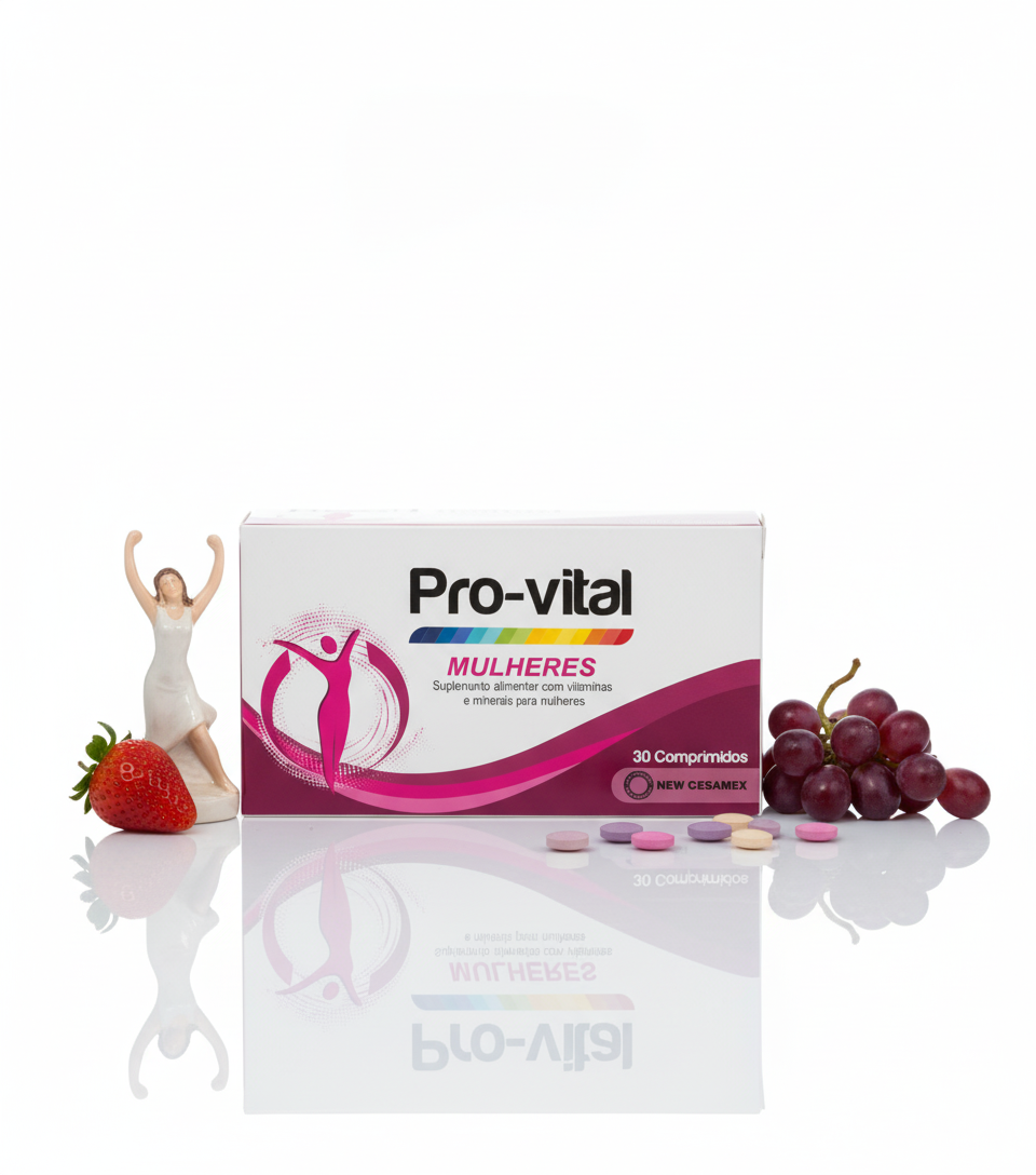 
Embalagem do suplemento Pro-Vital para mulheres com fruta sobre fundo branco.