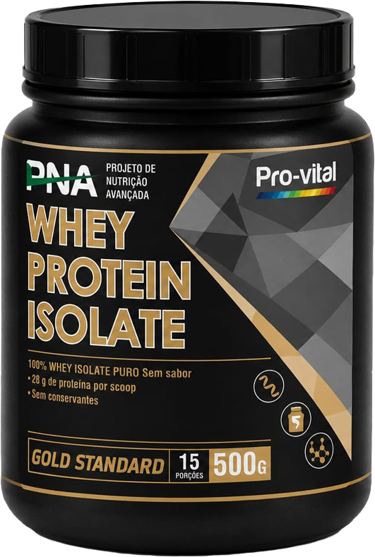 Suplemento Whey Protein Isolate Pro-Vital posicionado no topo de uma plataforma de pedra preta com fitas decorativas de aviso em fundo escuro iluminado.
