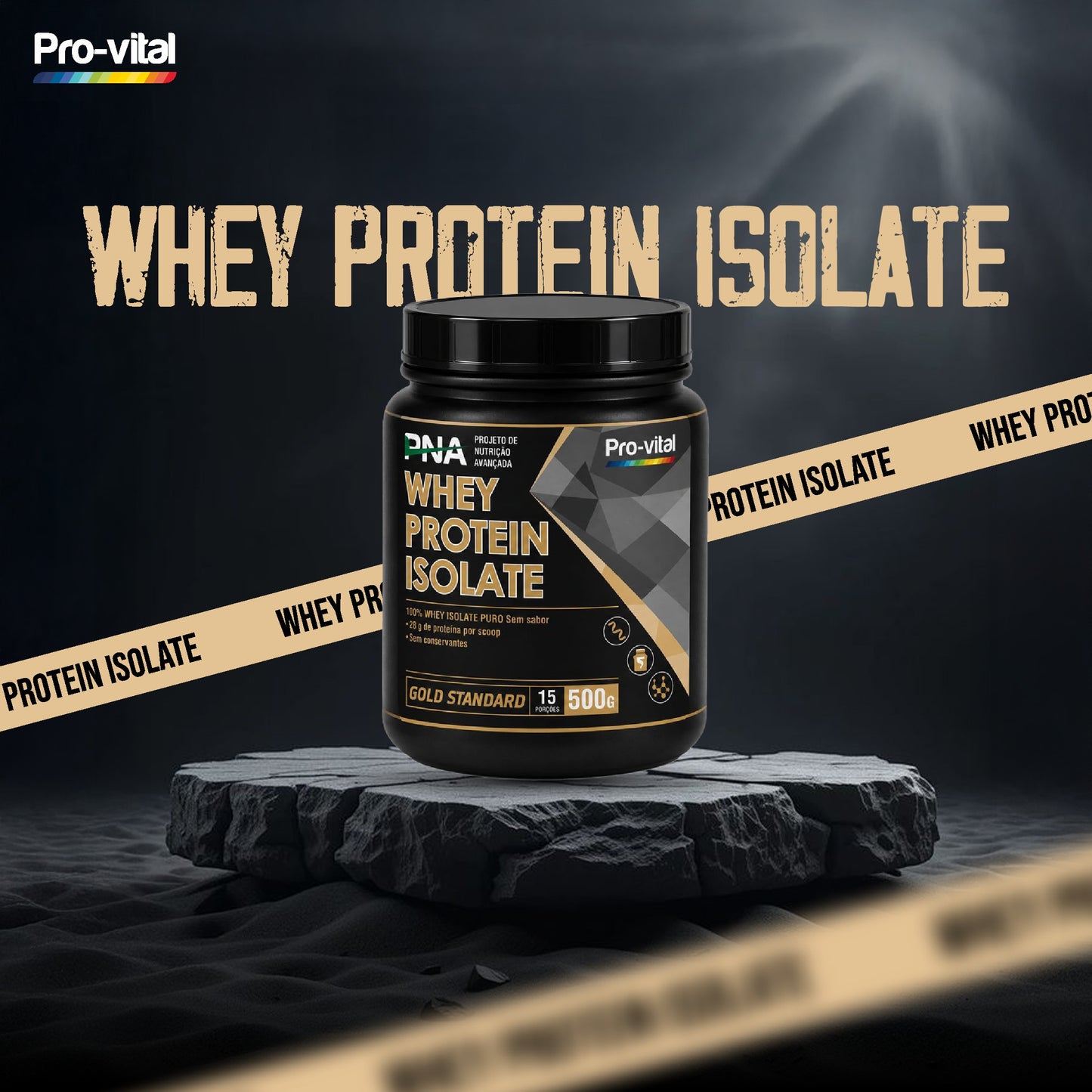 Embalagem preta de suplemento Whey Protein Isolate da Pro-Vital e PNA, Gold Standard de 500g, 100% isolado puro sem sabor.