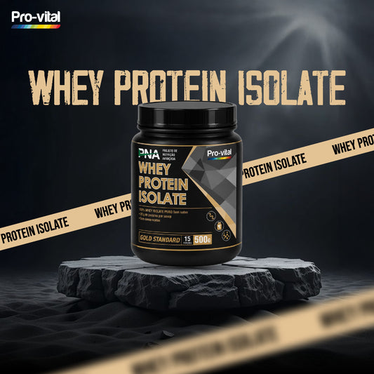 Embalagem preta de suplemento Whey Protein Isolate da Pro-Vital e PNA, Gold Standard de 500g, 100% isolado puro sem sabor.