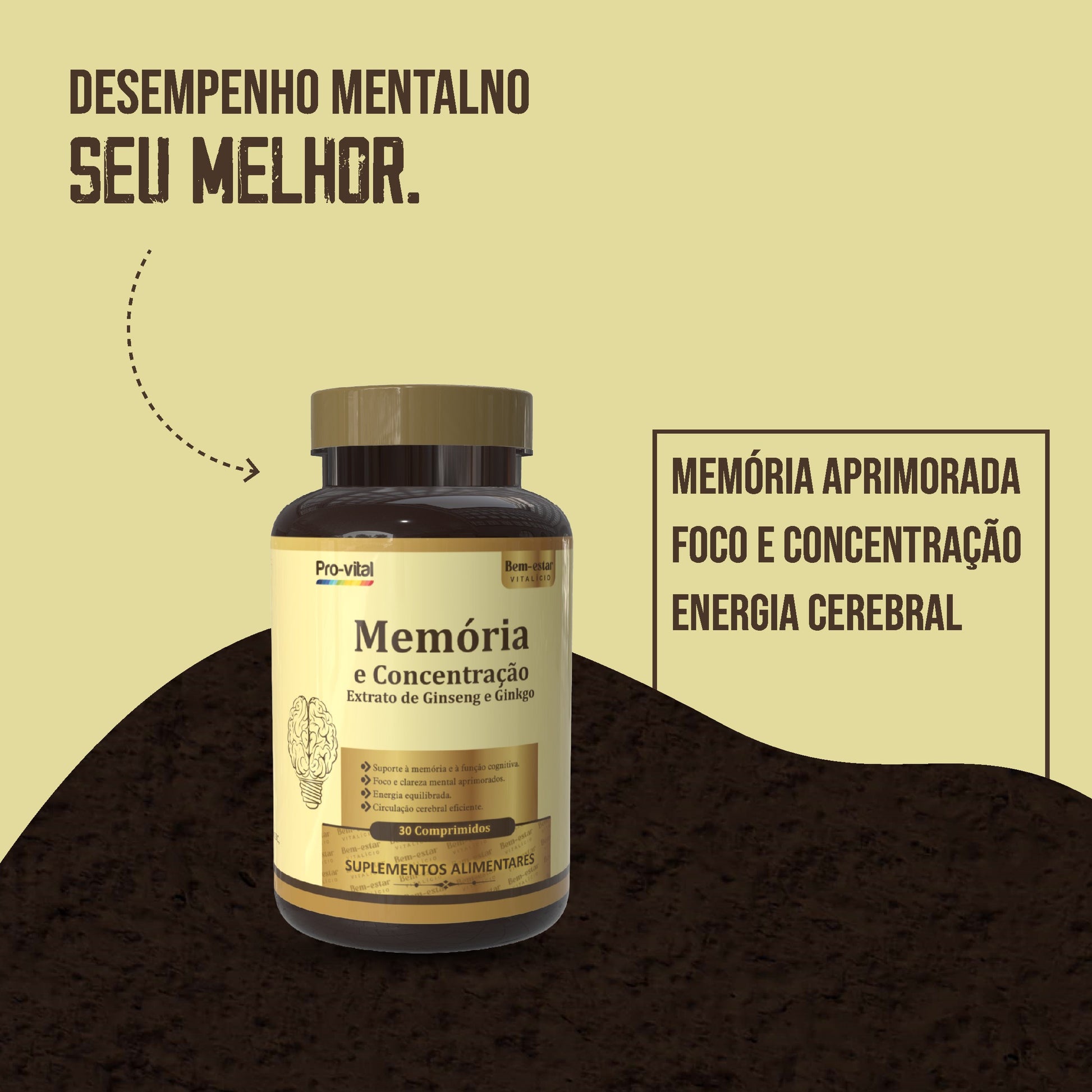 Tabela nutricional e composição do suplemento Memória e Concentração Pro-Vital detalhando o conteúdo por porção diária de 30 comprimidos.