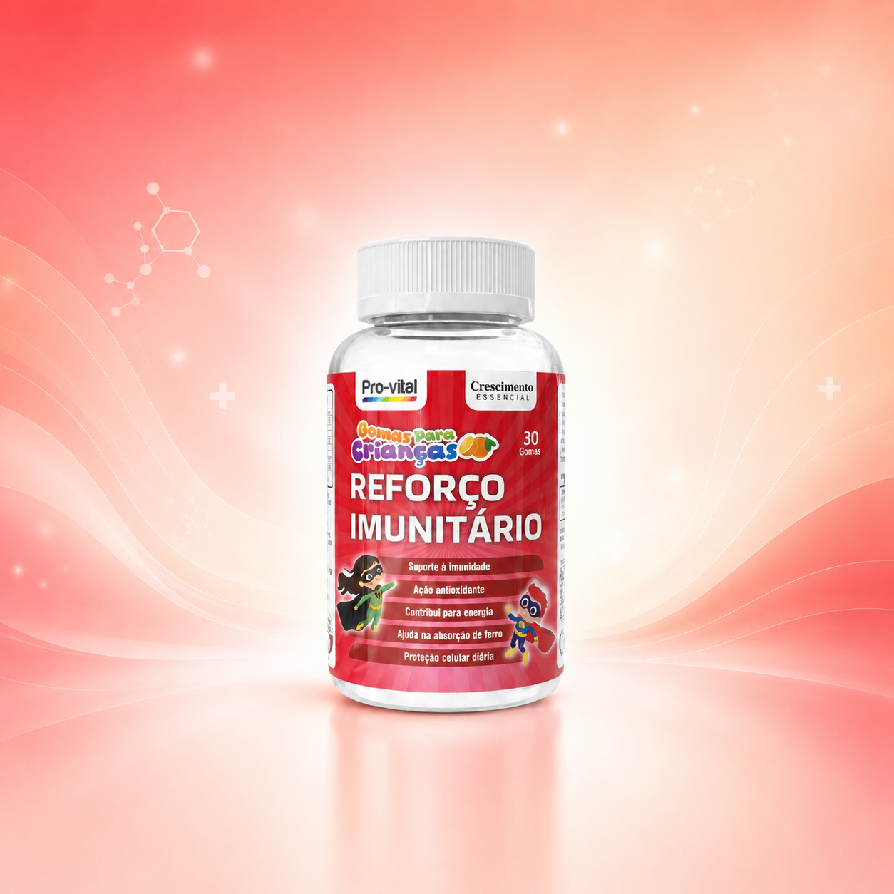 Gomas Reforço Imunitário Pro-Vital para crianças, suplemento com Vitamina C e ação antioxidante, frasco de 30 gomas para imunidade forte.