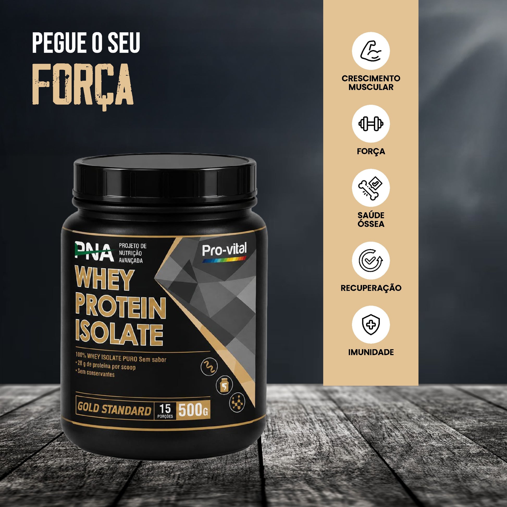 Duas embalagens de Whey Protein Isolate Pro-Vital inclinadas com o texto promocional em português Treine mais forte, recupere-se mais rápido.