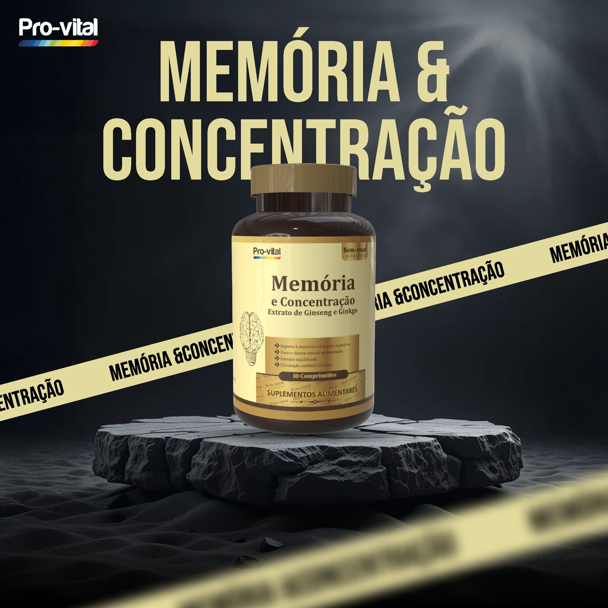 Frasco de suplemento alimentar Pro-Vital Memória e Concentração com Extrato de Ginseng e Ginkgo, embalagem de 30 comprimidos para suporte cognitivo.