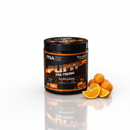 Embalagem preta e cor de laranja do pré-treino Pump Pre-Treino da Pro-Vital de 300g, posicionada ao lado de laranjas frescas inteiras e em gomos com reflexo numa superfície branca.