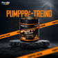 Embalagem do suplemento de energia Pump Pro-Vital colocada em cima de um pedestal de pedra cinzenta escura, rodeada por fitas promocionais cor de laranja com efeito de luz ao fundo.