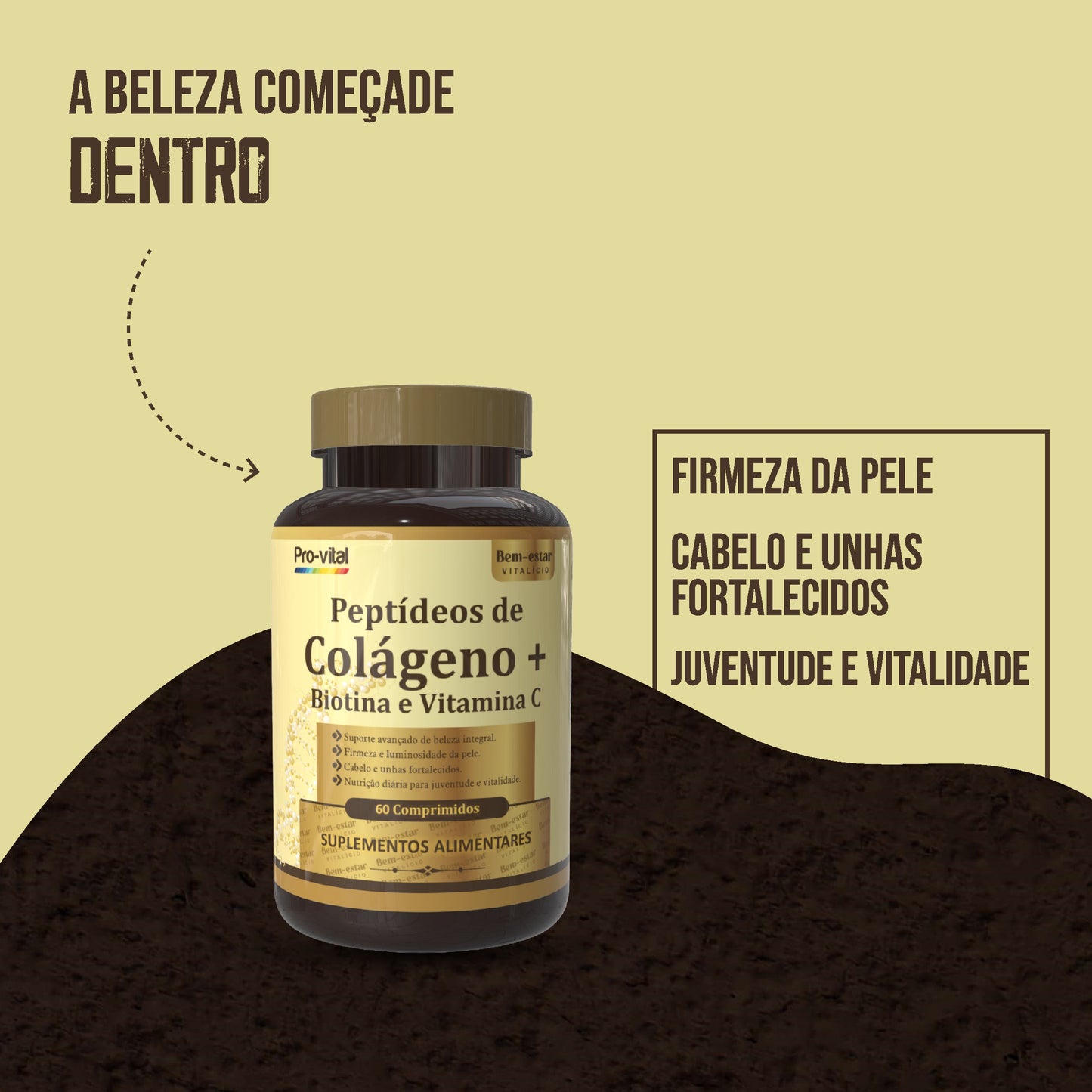 Embalagem de Peptídeos de Colagénio Pro-Vital no topo de um pedestal de pedra preta com fitas de isolamento amarelas escritas Peptídeos de Colagénio em fundo de estúdio escuro.