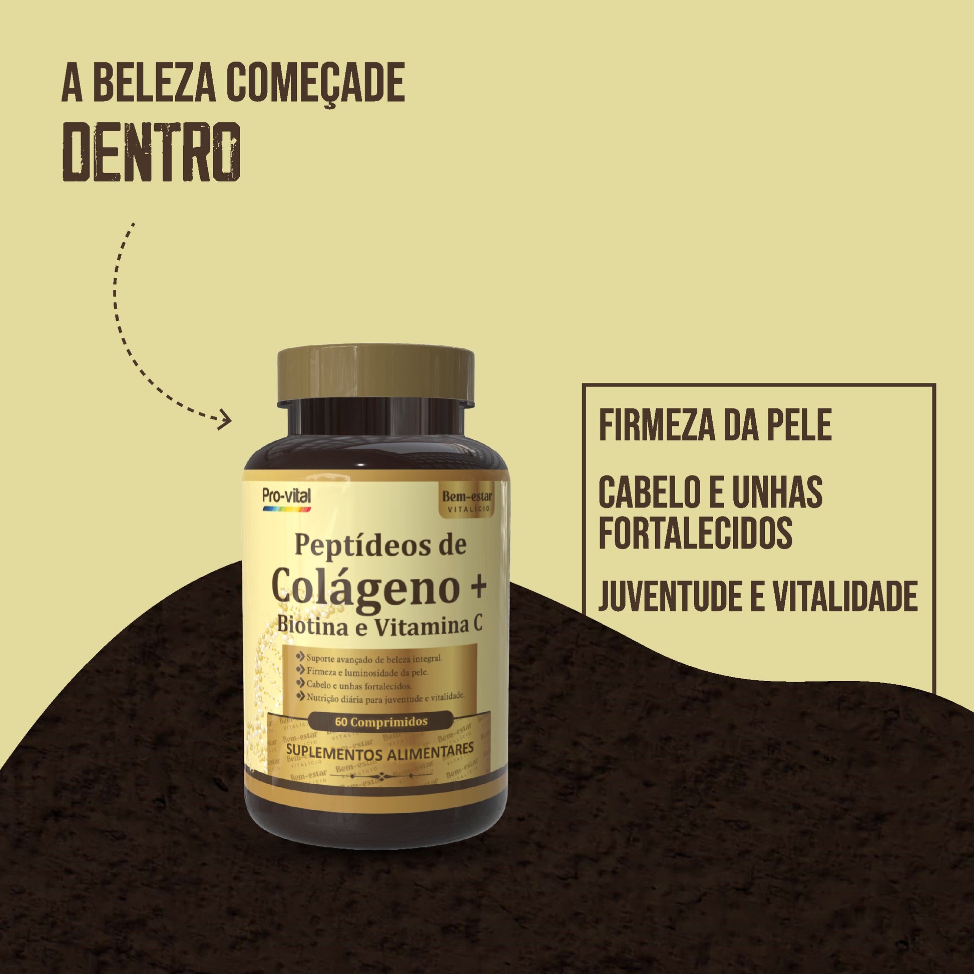 Embalagem de Peptídeos de Colagénio Pro-Vital no topo de um pedestal de pedra preta com fitas de isolamento amarelas escritas Peptídeos de Colagénio em fundo de estúdio escuro.