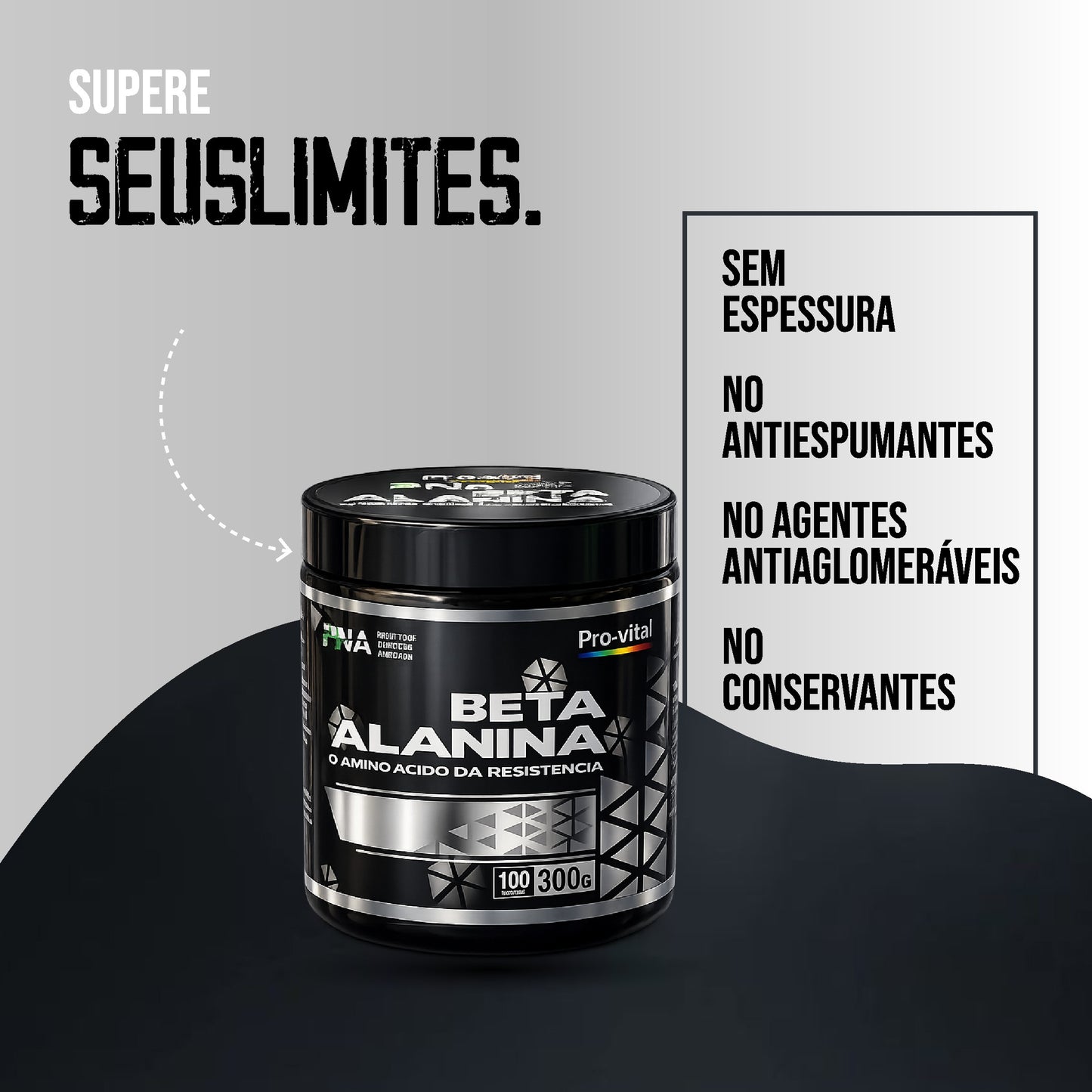 Embalagem de Beta-Alanina Pro-Vital ao lado de um painel que destaca a pureza do produto: sem espessura, sem antiespumantes, sem agentes antiaglomerantes e no conservantes.
