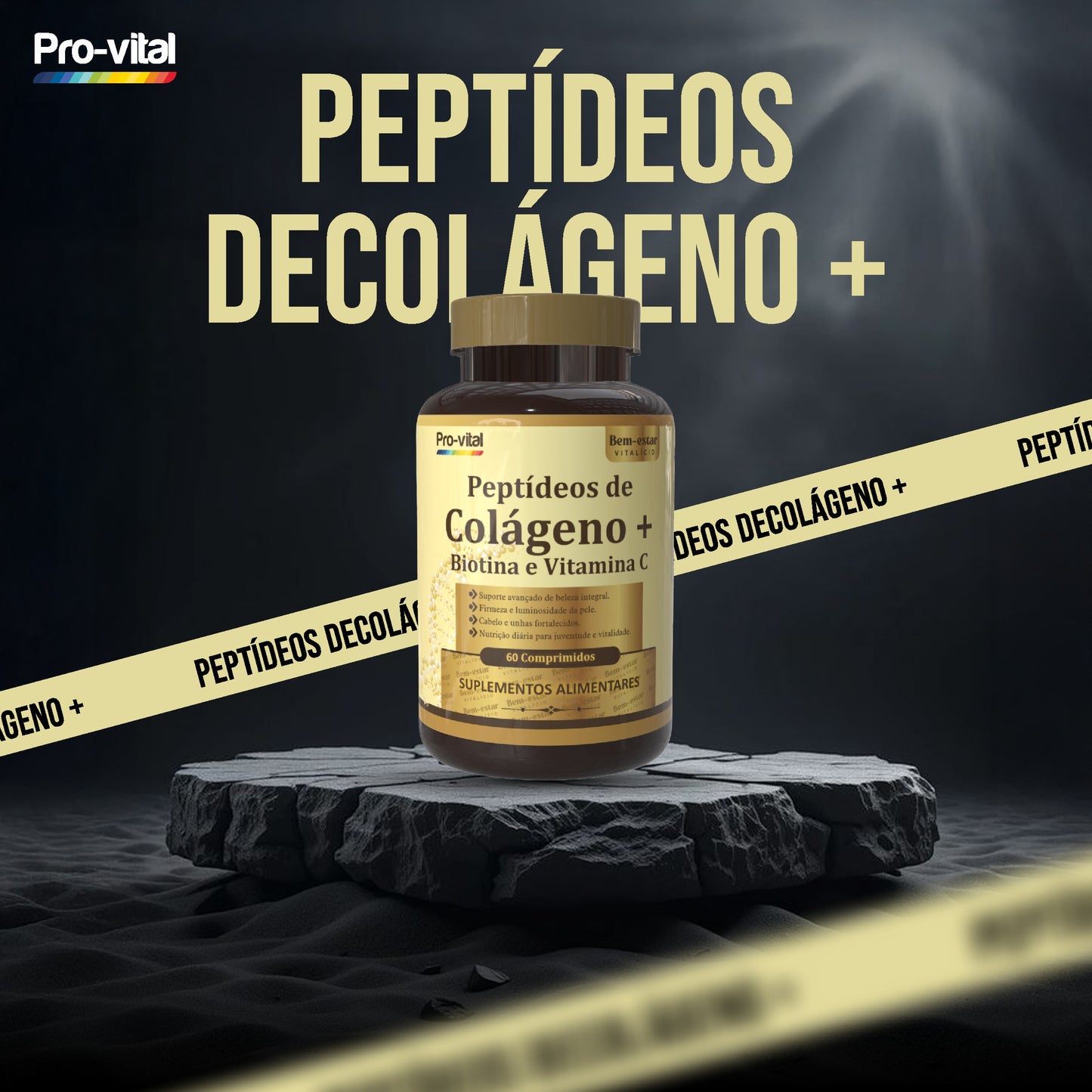 Infográfico promocional do frasco de Peptídeos de Colagénio Pro-Vital realçando benefícios para a firmeza da pele, cabelos e unhas fortalecidos, juventude e vitalidade.
