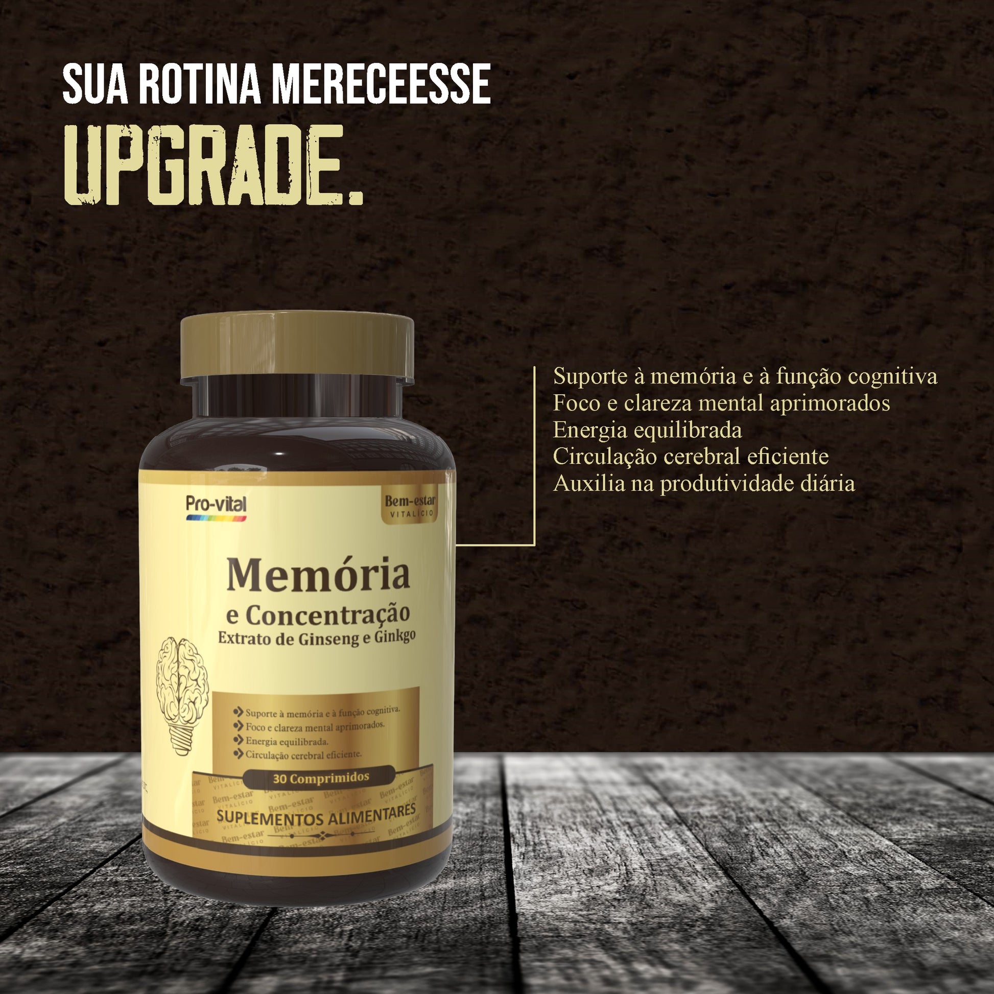 Dois frascos de suplemento natural para a memória Pro-Vital dispostos num fundo escuro com a frase em português Mais do que memória, é performance mental.