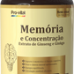 Frasco do suplemento Memória e Concentração Pro-Vital em cima de um pedestal de pedra escura com fitas de isolamento amarelas em ambiente de estúdio iluminado.