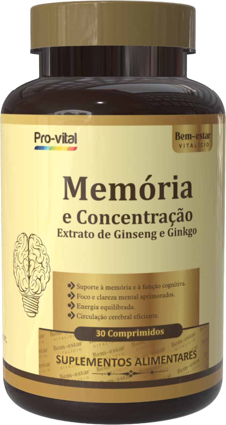 Frasco do suplemento Memória e Concentração Pro-Vital em cima de um pedestal de pedra escura com fitas de isolamento amarelas em ambiente de estúdio iluminado.