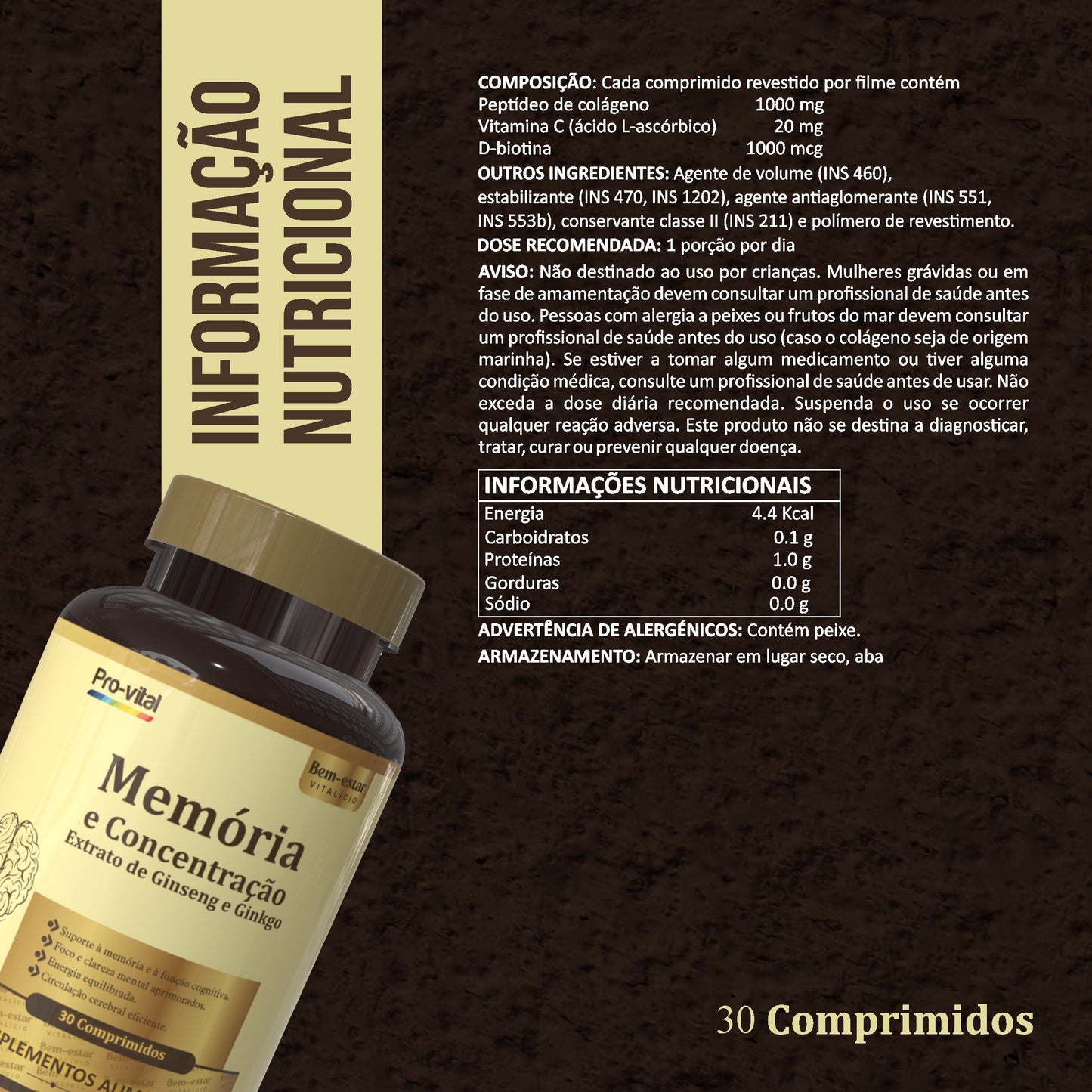 Infográfico promocional do suplemento Memória e Concentração Pro-Vital realçando benefícios para memória aprimorada, foco e concentração, e energia cerebral.
