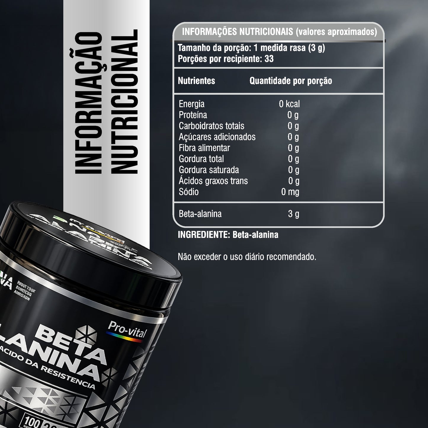 Rótulo com a informação nutricional detalhada da Beta-Alanina Pro-Vital, indicando uma dose de 3g por porção com zero calorias e sem açúcar.