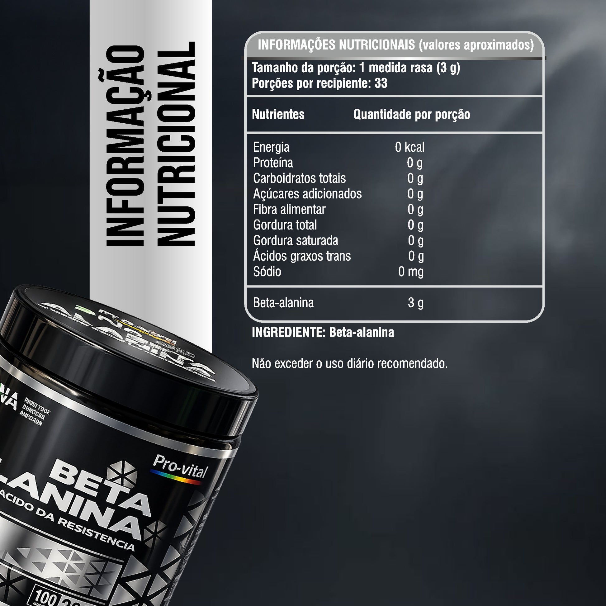Rótulo com a informação nutricional detalhada da Beta-Alanina Pro-Vital, indicando uma dose de 3g por porção com zero calorias e sem açúcar.