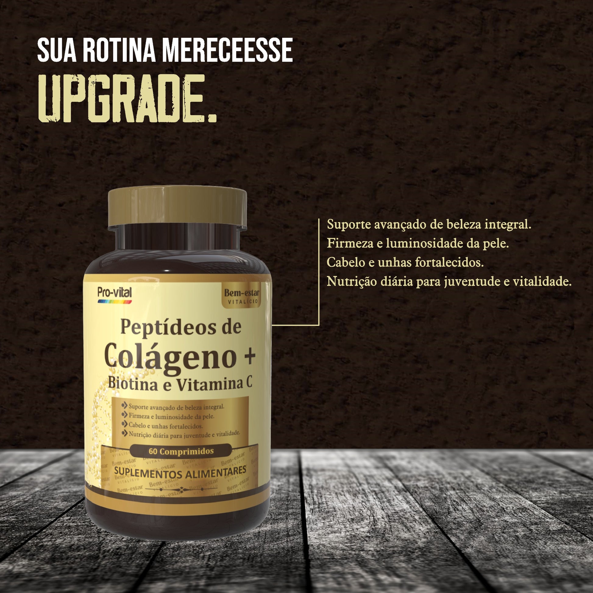 Rótulo de informação nutricional detalhada dos Peptídeos de Colagénio Pro-Vital contendo a composição de 1000 mg de colagénio, Vitamina C e D-biotina por porção.