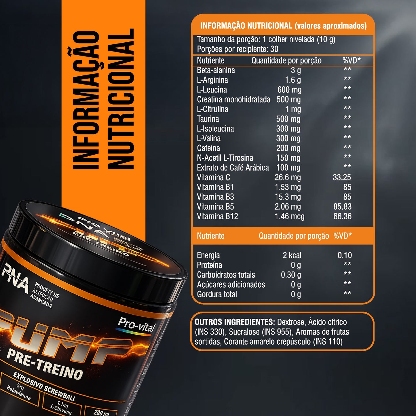 Rótulo oficial com a informação nutricional detalhada do pré-treino Pump Pro-Vital, especificando as doses de beta-alanina, L-arginina, creatina, cafeína e vitaminas por porção.