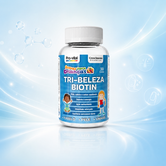 Gomas Tri-Beleza Biotin Pro-Vital para crianças, suplemento para fortalecimento de cabelo, pele e unhas com 30 gomas.
