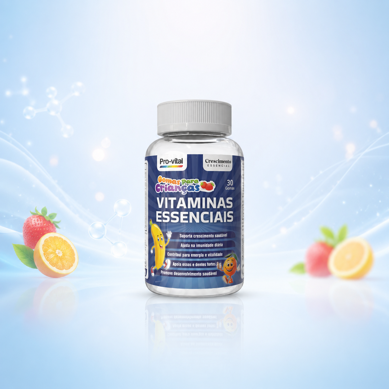 Gomas Vitaminas Essenciais Pro-Vital para crianças, suplemento multivitamínico diário com 30 gomas para suporte ao crescimento saudável.