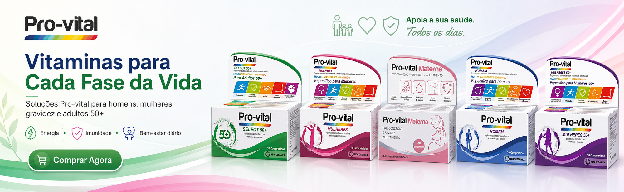 Banner Pro-Vital com vitaminas para homens, mulheres, gravidez e adultos 50+, promovendo energia, imunidade e bem-estar diário