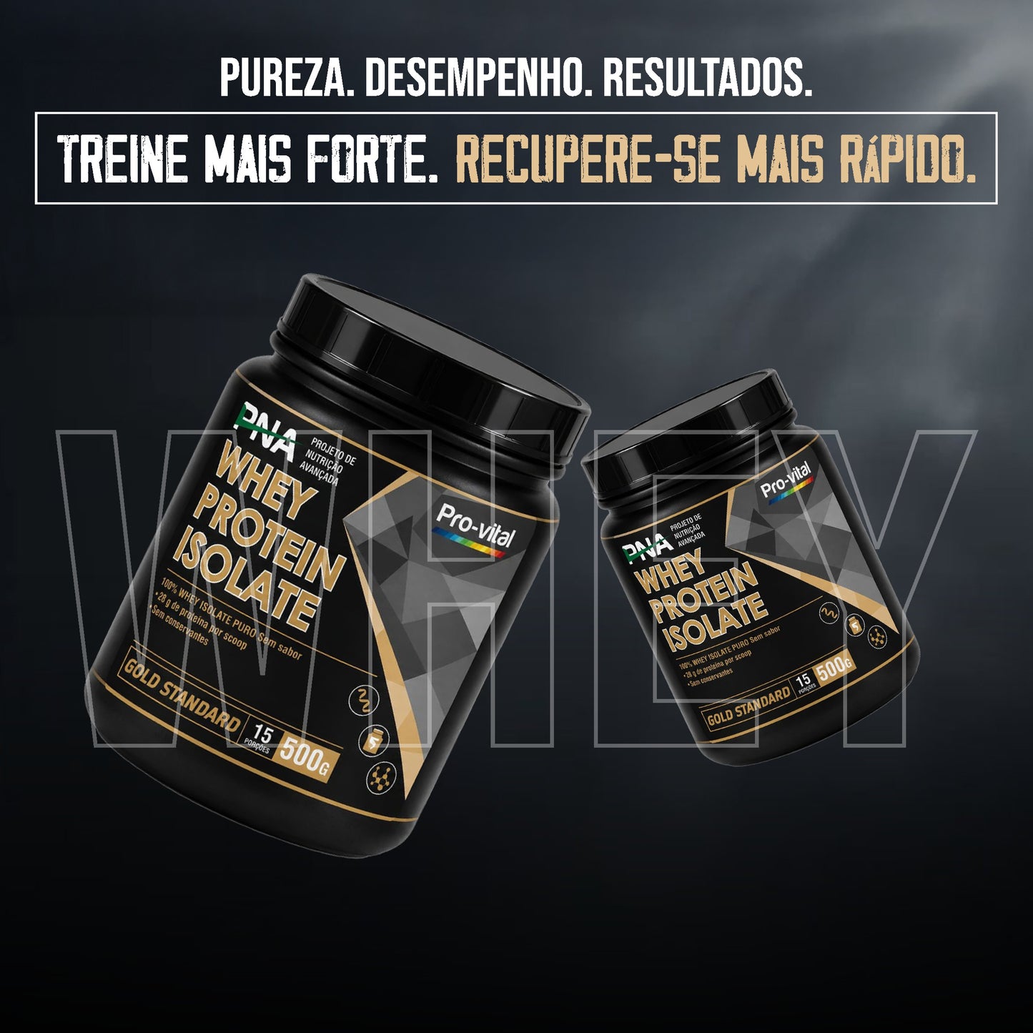 Suplemento Whey Protein Isolate Pro-Vital em fundo de madeira com ícones de benefícios para crescimento muscular, força, saúde óssea, recuperação e imunidade.