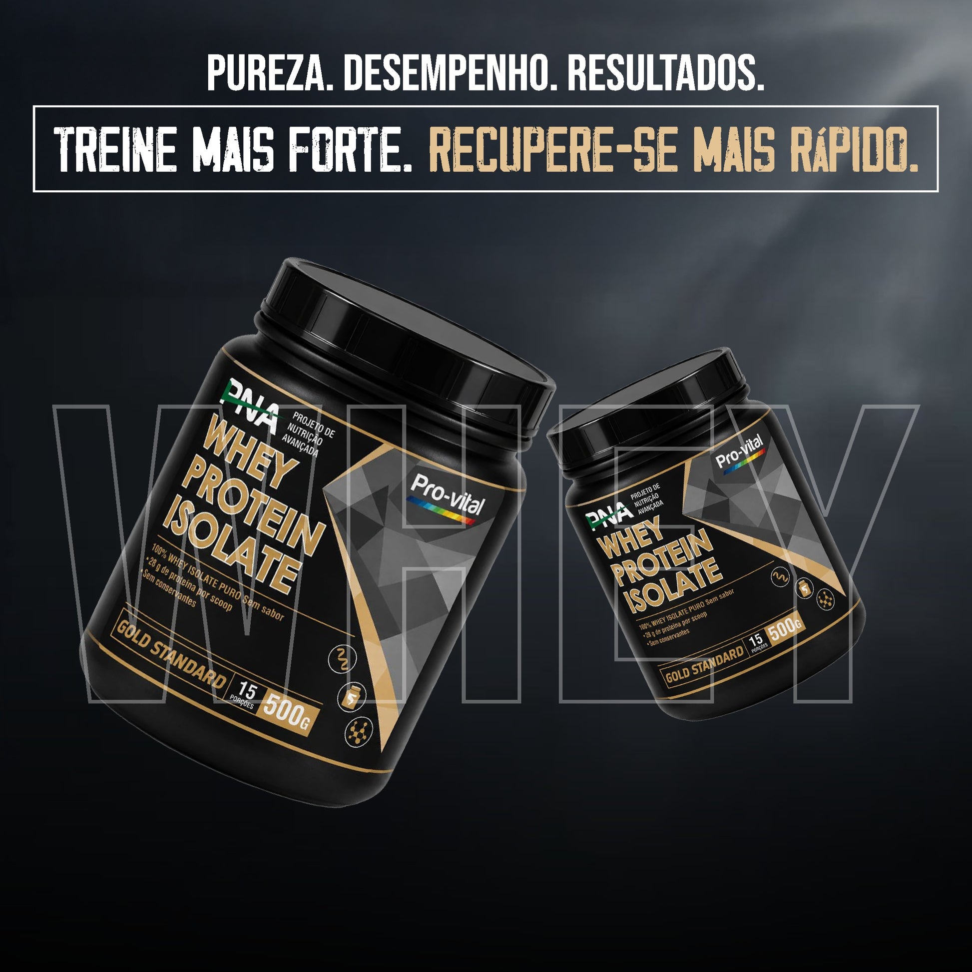 Suplemento Whey Protein Isolate Pro-Vital em fundo de madeira com ícones de benefícios para crescimento muscular, força, saúde óssea, recuperação e imunidade.