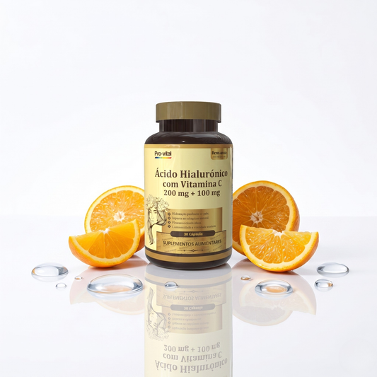 Frasco de Ácido Hialurónico com Vitamina C Pro-vital de 30 cápsulas, refletido numa superfície branca com gomos de laranja e gotas de água transparentes.