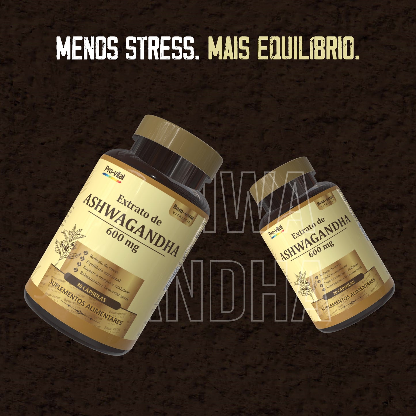 Duas embalagens de Extrato de Ashwagandha 600mg Pro-vital, focado no relaxamento e bem-estar geral do dia a dia.