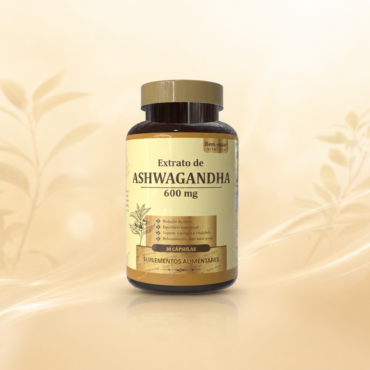 Extrato de Ashwagandha 600mg Pro-vital em cápsulas, suplemento alimentar para redução do stress e equilíbrio emocional.