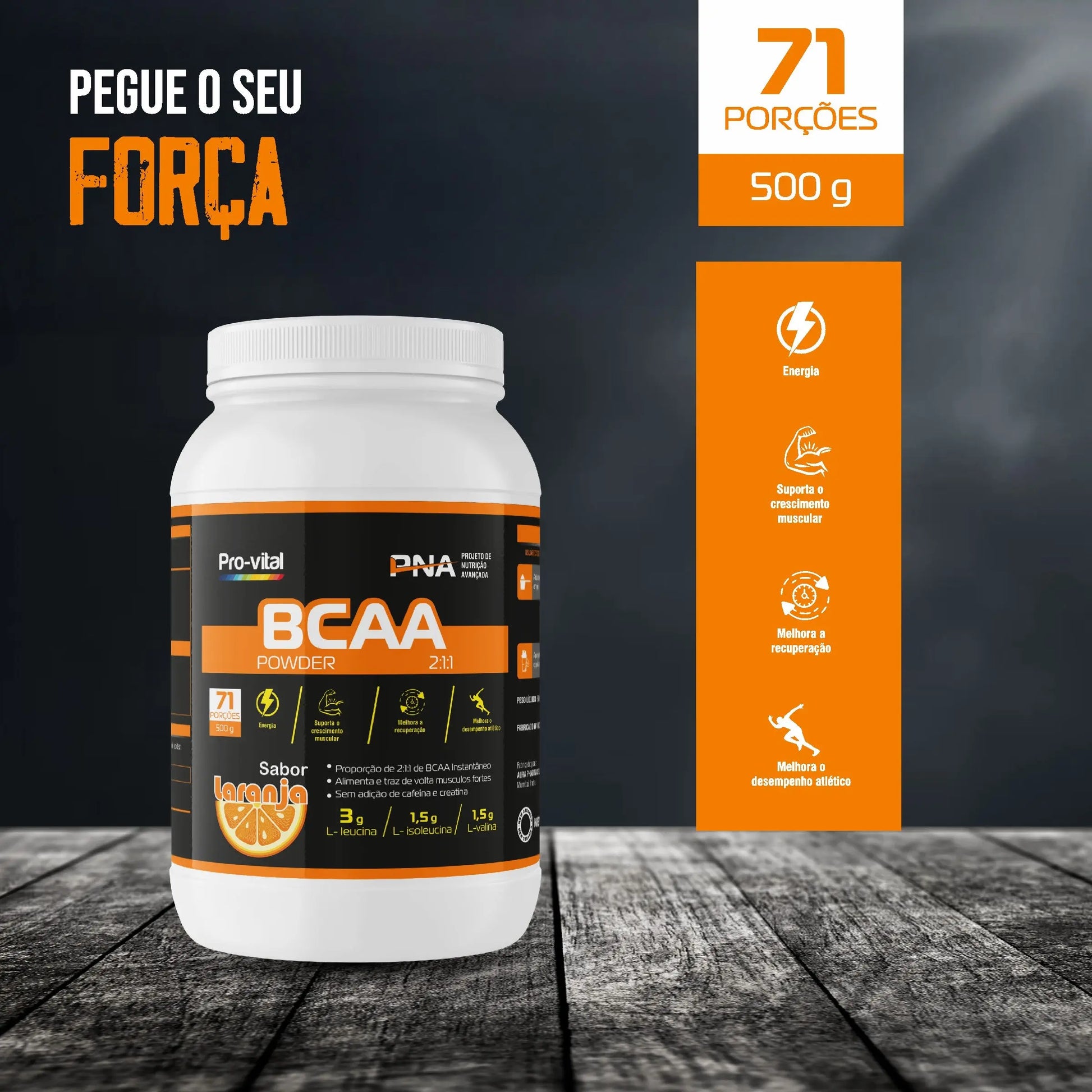 Pote de BCAA Pro-Vital 500g em mesa de madeira com ícones de energia, crescimento muscular e recuperação.