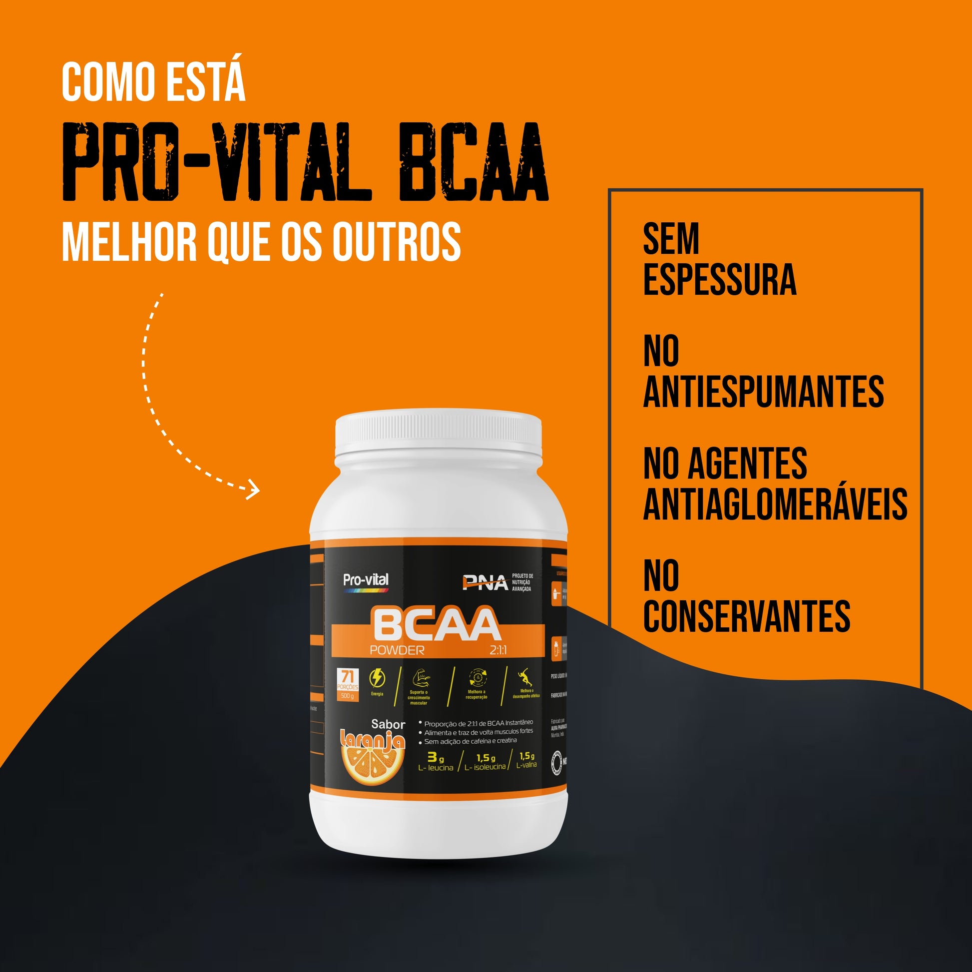 Infográfico do BCAA Pro-vital sabor laranja destacando a fórmula pura: sem conservantes, sem espessantes e sem agentes antiaglomerantes.
