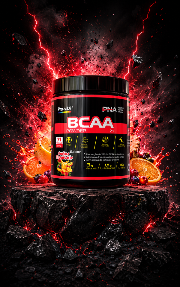 Suplemento BCAA Powder 2:1:1 sabor Frutas Tropicais da Pro-vital com explosão de energia vermelha e citrinos.