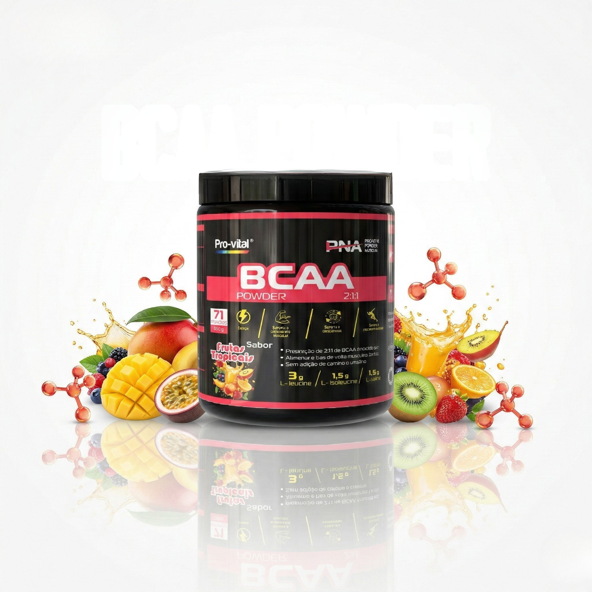 BCAA Powder 2:1:1 Pro-Vital sabor Frutas Tropicais com extratos de manga, maracujá e kiwi; suporte à síntese proteica e recuperação muscular.