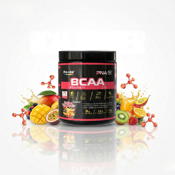 BCAA Powder 2:1:1 Pro-Vital sabor Frutas Tropicais com extratos de manga, maracujá e kiwi; suporte à síntese proteica e recuperação muscular.